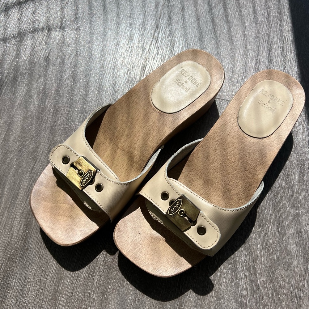 Re/Done Dr Scholl’s Tan Leather Wooden Clog Sandals with Gold Detail